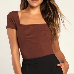 Brown Ribbed Square Neck Short Sleeve Bodysuit